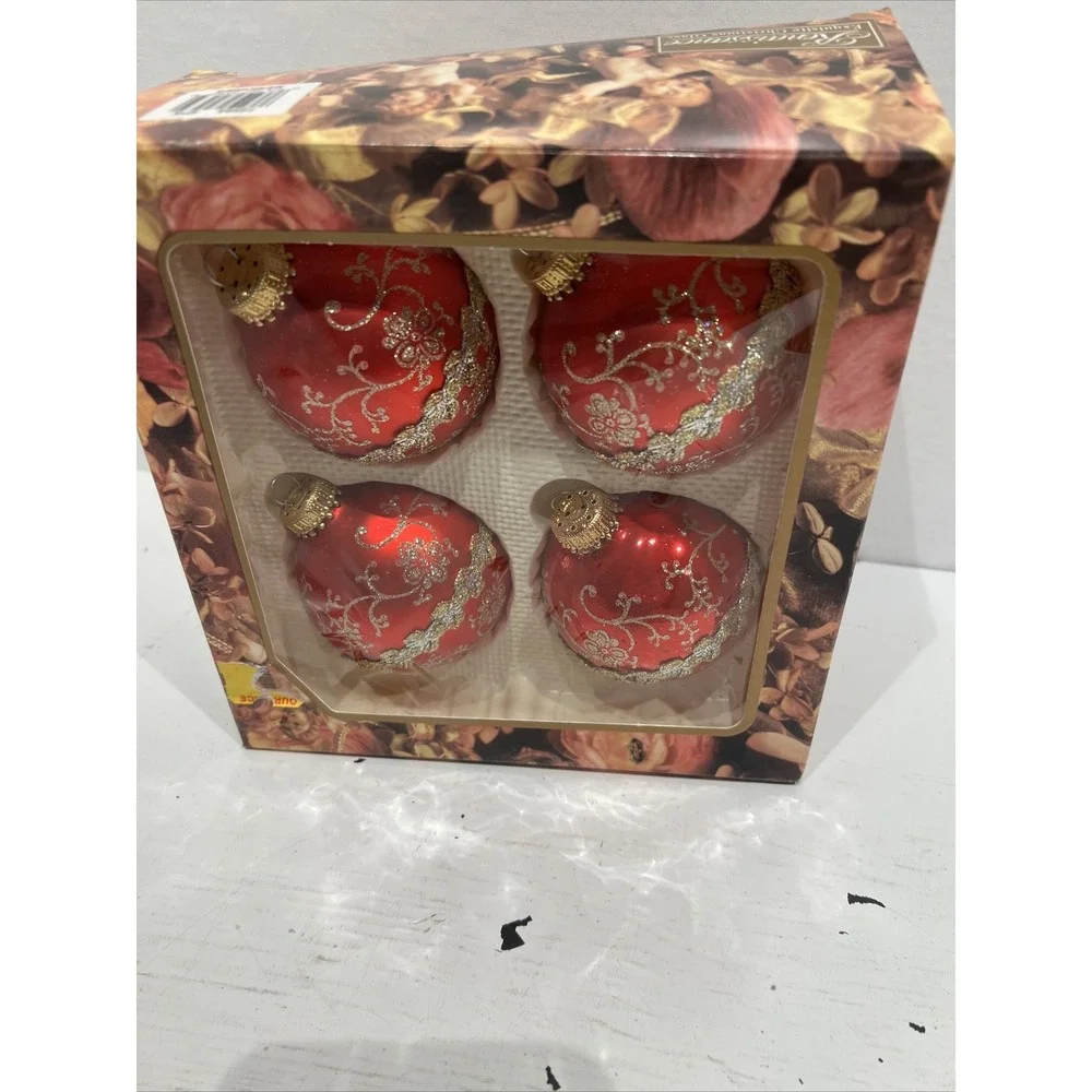 Four Vintage‎ Krebs Glass Holiday Red Christmas Ornaments Brocade Design